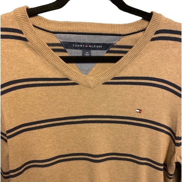 NEW Tommy Hilfiger Striped Cotton Sweater V Neck Camel and Navy Mens Small - Picture 10 of 11